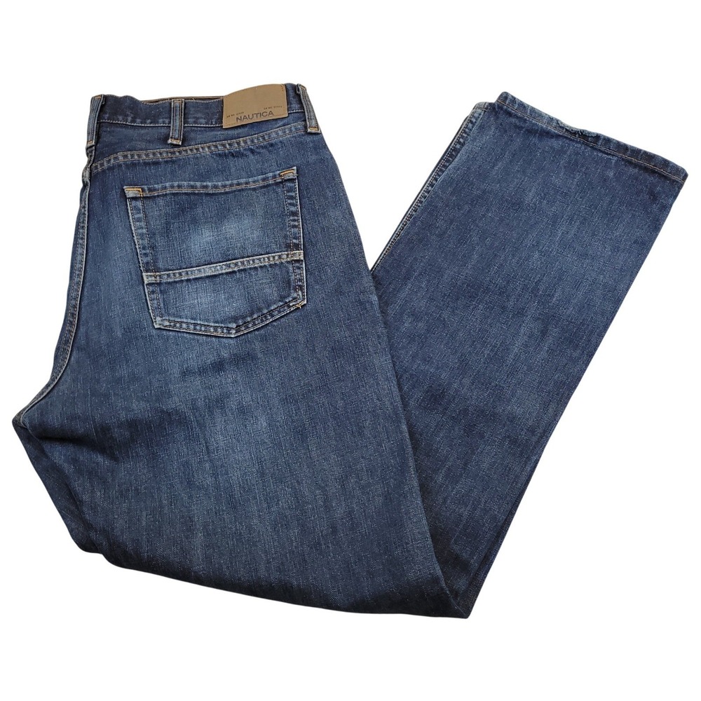 Mens Nautica Straight Fit Jeans 38x34 7PM501X 100%‎ Cotton Dark Wash Distressed